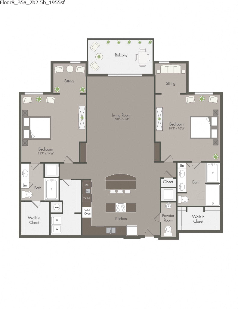 Floor plan for 2 beds, 2.5 baths, 1955 sqft